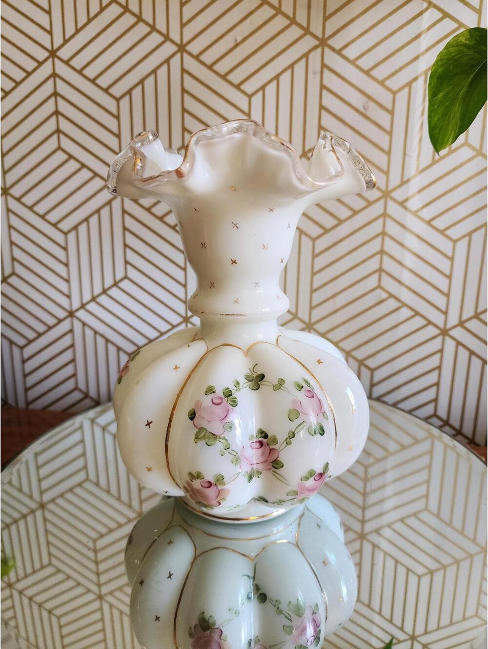 Fenton Hand Painted 1940’s Charleton Roses Bow Tie Melon Vase Gold Rim 8” Rare